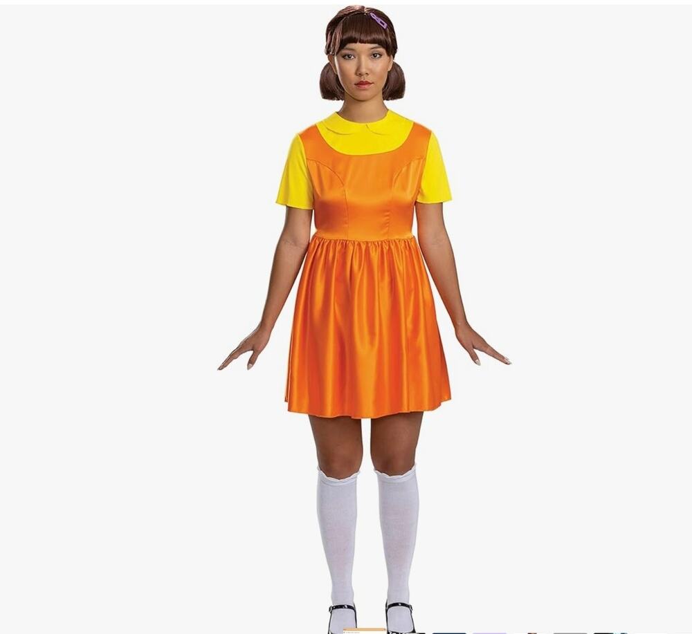 Official Squid Game Young-Hee Doll Halloween Costume Adult Small Dress & Wig